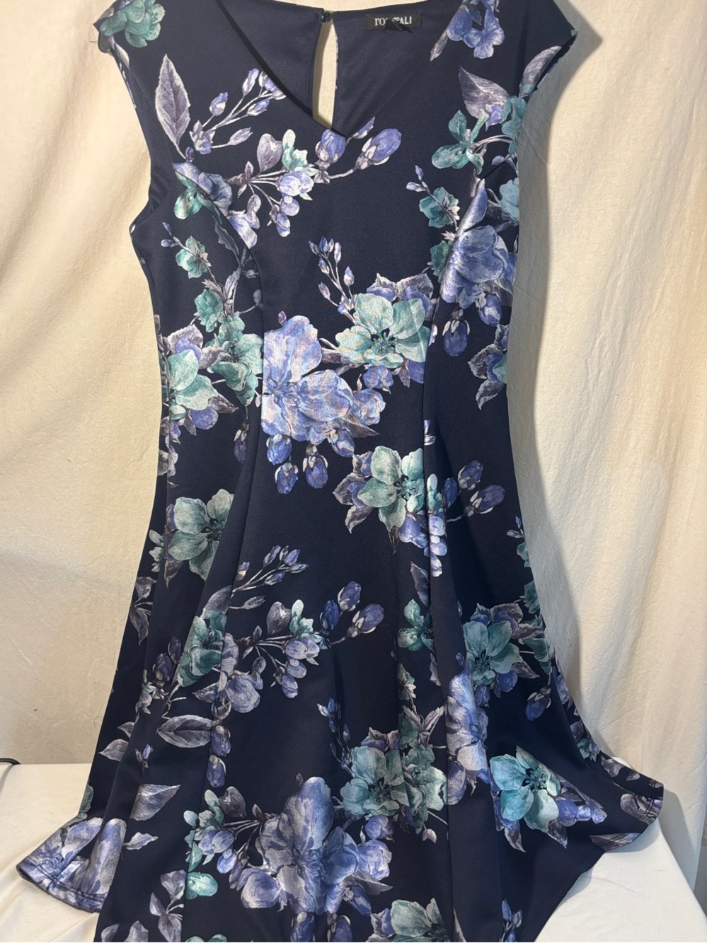 Navy Floral Asymmetrical Hem Dress lined soft stretch Pretty soft girl lined H